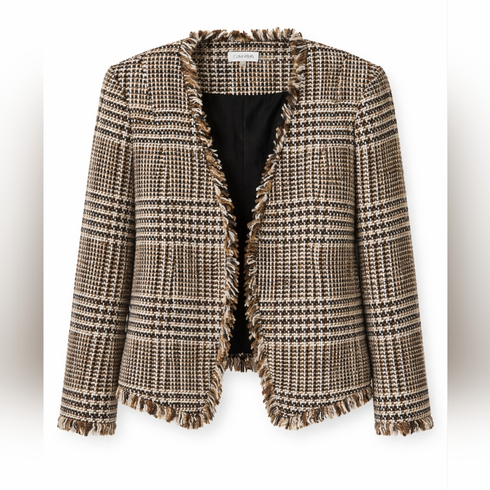 Calvin Klein Brown Tweed Fringe Jacket | Size 12 | Chic Textured Blazer NWT - Picture 3 of 6